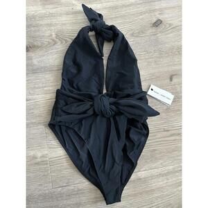 Montce x Jasmine Tookes Black Halter Sable Tie Waist One Piece Swimsuit L NWT